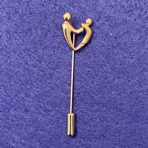 Mother & Child 14K Gold and Sterling Heart Stick Pin 2" for Mothers Day